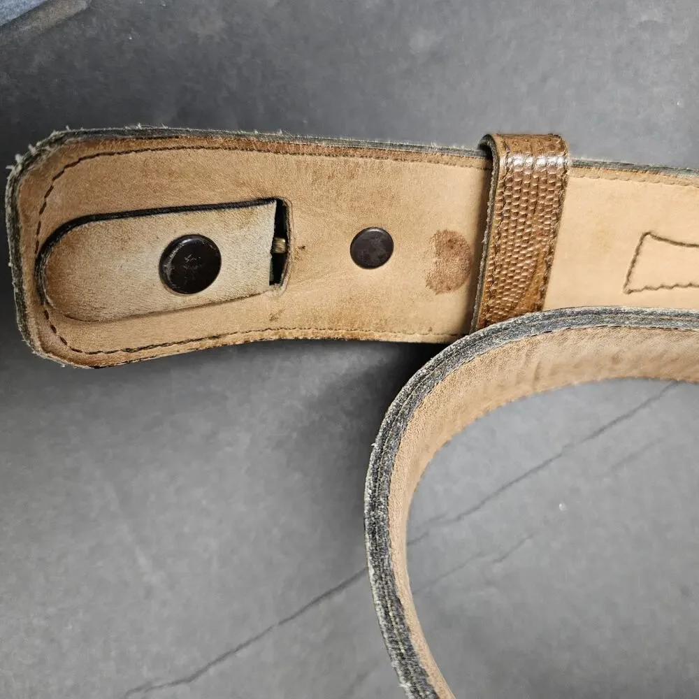 Lizard Embossed Brown Leather Belt Sz 42 1 1/2” Wide Western brass buckle 56066
